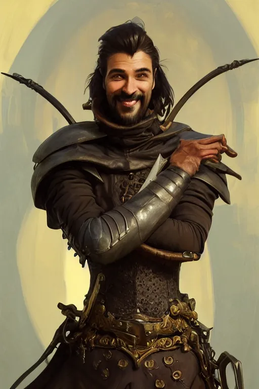 Prompt: portrait of a grinning male thief, looking at camera, D&D, leather armor, very short dark hair, intricate, elegant, stylish, cute smile, fantasy, extremely detailed, digital painting, artstation, concept art, smooth, sharp focus, illustration, ambient lighting, art by artgerm and greg rutkowski and alphonse mucha and simon stalenhag