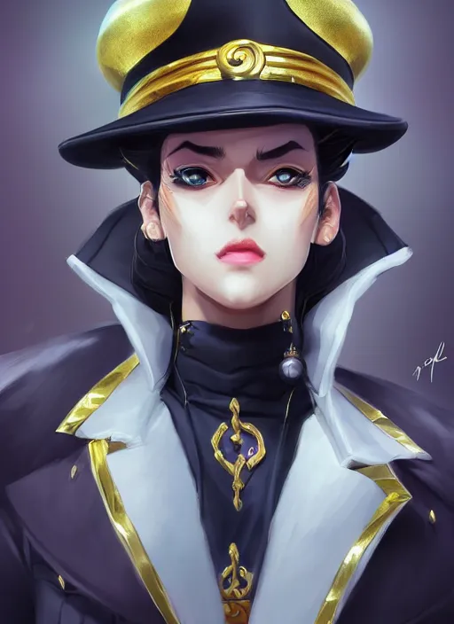 Prompt: a highly detailed illustration of beautiful girl cosplaying jotaro kujo, hyperdetailed perfect face, dramatic pose, intricate, elegant, highly detailed, centered, digital painting, artstation, concept art, smooth, sharp focus, league of legends concept art, wlop.