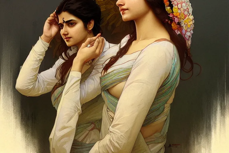 Image similar to Anxious good looking pale young Indian doctors talking, portrait, elegant, intricate, digital painting, artstation, concept art, smooth, sharp focus, illustration, art by artgerm and greg rutkowski and alphonse mucha