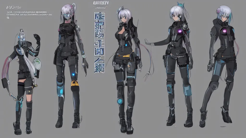 Prompt: An anime character reference sheet of a female cyberpunk character, trending on artstation