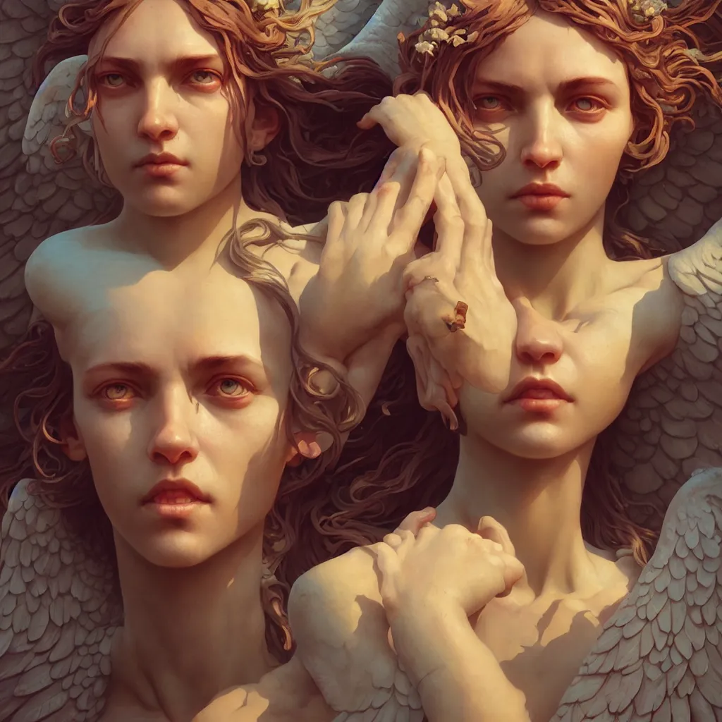 Image similar to beautiful very extreme closeup portrait, stone angels statues, unreal engine, greg rutkowski, loish, rhads, beeple, tom bagshaw, alphonse mucha, global illumination, detailed and intricate environment