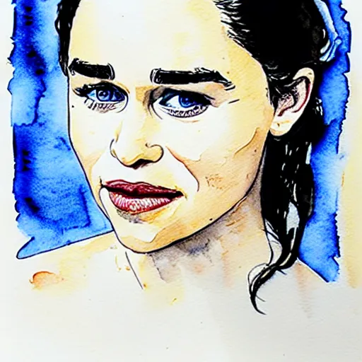 Image similar to portrait of emilia clarke by francis picabla, pen and watercolor wash on cardboard