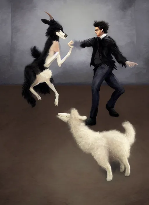 Image similar to wide shot painting of a male anthropomorphic border collie fursona dancing with a cute female anthropomorphic sheep fursona in a ballroom, beautiful, model pose, realistic proportions, highly detailed, scenic background, trending on artstation, art by charlie bowater and henry asencio and and ross tran