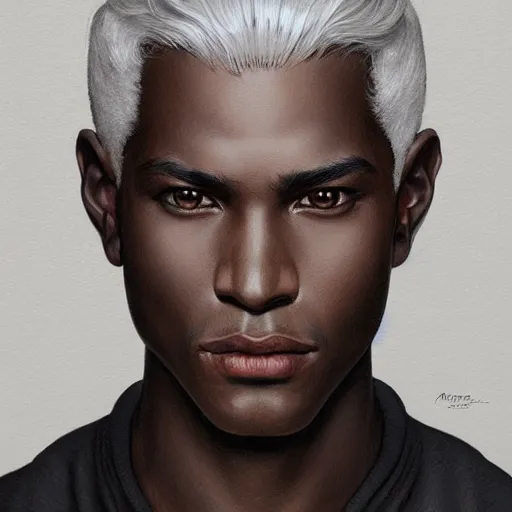 Prompt: ultra realistic illustration, young man with dark gray skin, short white hair, intricate, elegant, highly detailed, digital painting, artstation, concept art, smooth, sharp focus, illustration, art by artgerm and greg rutkowski and alphonse mucha