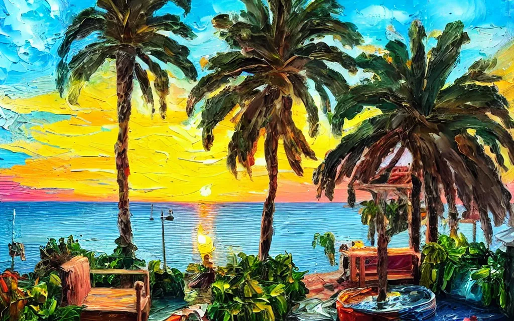 Prompt: a very tiny island surrounded by water with a cute cozy cottage with a terrace, a paved garden courtyard with benches and a fountain, palm trees, river, sunset, puffy clouds, dramatic and dynamic lighting, thick brush strokes oil impasto painting