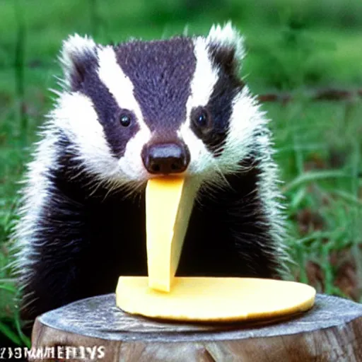 Prompt: happy badger eating a huge piece of cheese, beautiful professional photography, 8 k hd, 3 5 mm film,