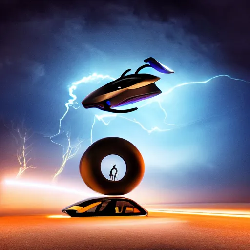 Prompt: futuristic flying car in a night sky thunderstorm, emerging from a circular portal made of lightning, 8k 28mm cinematic photo