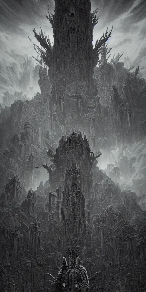 Image similar to space temple to death god, distant view, night sky, well lit sanctum, eerily beautiful, light rays, skeletal architecture, maximalist, awe inspiring, foreboding, ominous, miyazaki style, junji ito style, nausicaa, beksinski, studio ghibli, precise lines, bones , 8k, epic composition, cinematic, artstation, golden ratio,