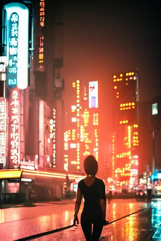 Prompt: sleek metallic female cyborg, walking a german shepard, futuristic tokyo cityscape, rain, neon signs, nighttime, no blur, high detail, cinematic,