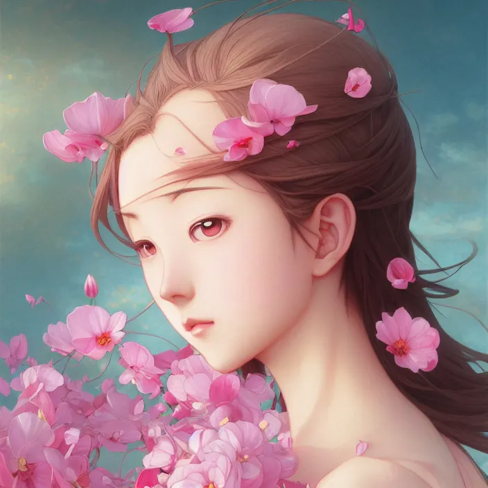 Prompt: pink petals with a shape of an anime girl, krenz, ghibli, anime style, intricate, elegant, highly detailed, wonderful eyes, sweet, digital painting, artstation, concept art, smooth, sharp focus, illustration, art by artgerm and greg rutkowski and alphonse mucha and william - adolphe bouguereau