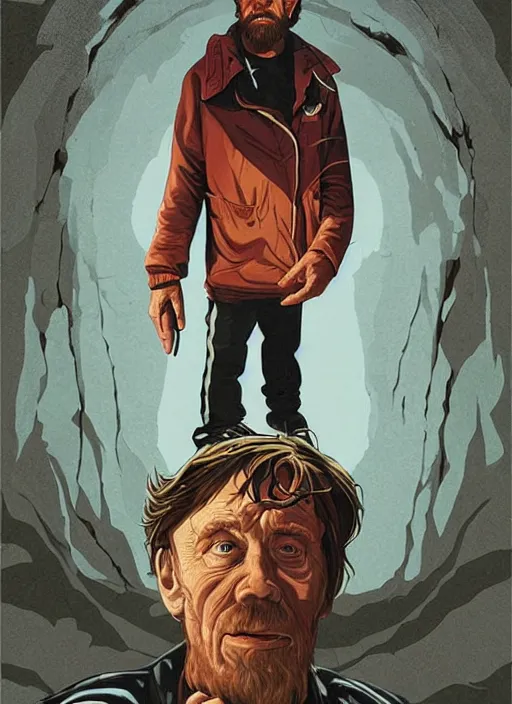 Image similar to poster artwork by Michael Whelan and Tomer Hanuka, Karol Bak of Chuck Norris is the local homeless man in the small town, from scene from Twin Peaks, clean