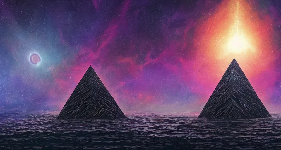 Prompt: black lovecraftian eldritch!! obsidian pyramid!! with a man standing on top of it on calm seas, cosmic colorful space! sky background by eugene von guerard, ivan shishkin, night, cosmic brightly colored space, concept art, trending on artstation, 8 k