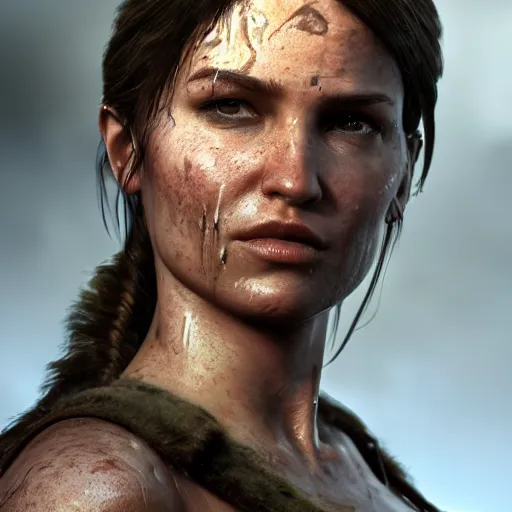 Image similar to Lara croft as viking, wet face , heavy rain ,dramatic, intricate, highly detailed, concept art, smooth, sharp focus, illustration, Unreal Engine 5, 8K