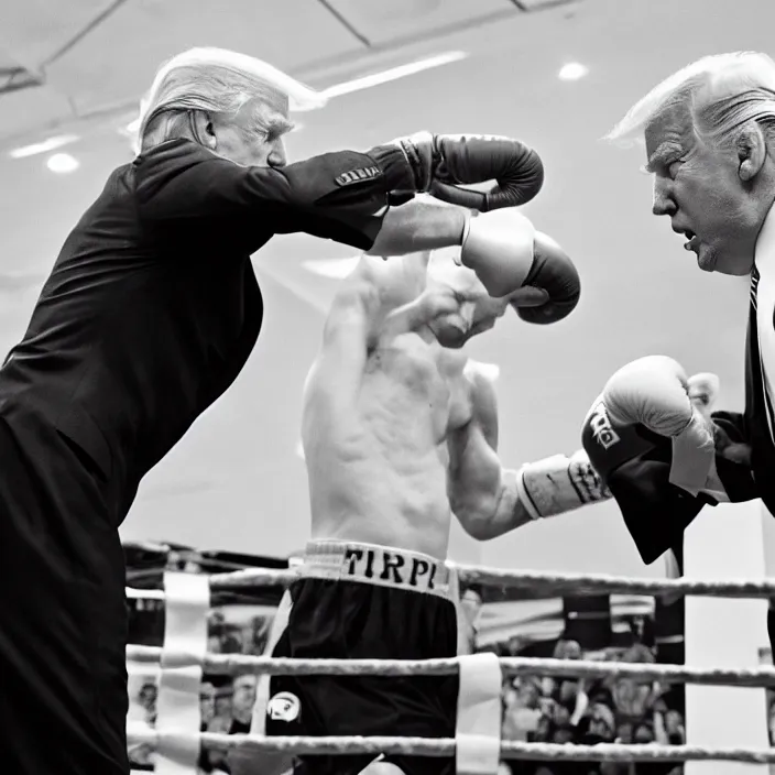 Image similar to donald trump in a boxing match with joe biden, high quality photo