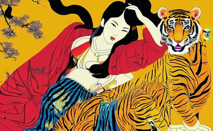 Image similar to a red delorean x a yellow tiger, art by hsiao - ron cheng & utagawa kunisada in magazine collage style,