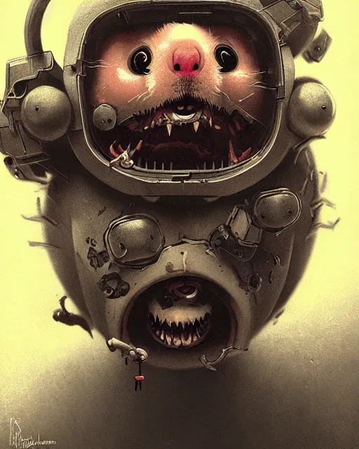 Image similar to wrecking ball the hamster from overwatch, with an evil and crazy look inn her eyes, character portrait, portrait, close up, concept art, intricate details, highly detailed, horror poster, horror, vintage horror art, realistic, terrifying, in the style of michael whelan, beksinski, and gustave dore