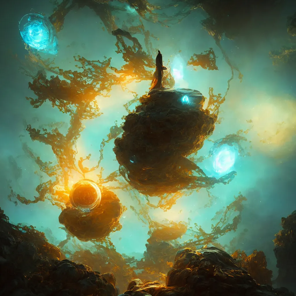 Prompt: within a flower the whole and finite capsule apparent with awe the apparition, an idea seep's into infinity highly detailed in volumetric latent space, golden turquoise steampunk, high contrast cinematic light, mystical shadows, sharp focus, divine realm of gods, octane render, artist by greg rutkowski,