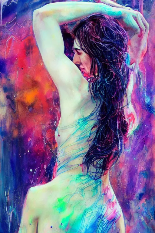 Image similar to gal gadot by agnes cecile enki bilal moebius, intricated details, 3 / 4 back view, full body portrait, extremely luminous bright design, pastel colours, drips, autumn lights