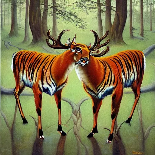 Image similar to a painting of deer and tiger facing each other, their heads bowed towards ground by esao andrews