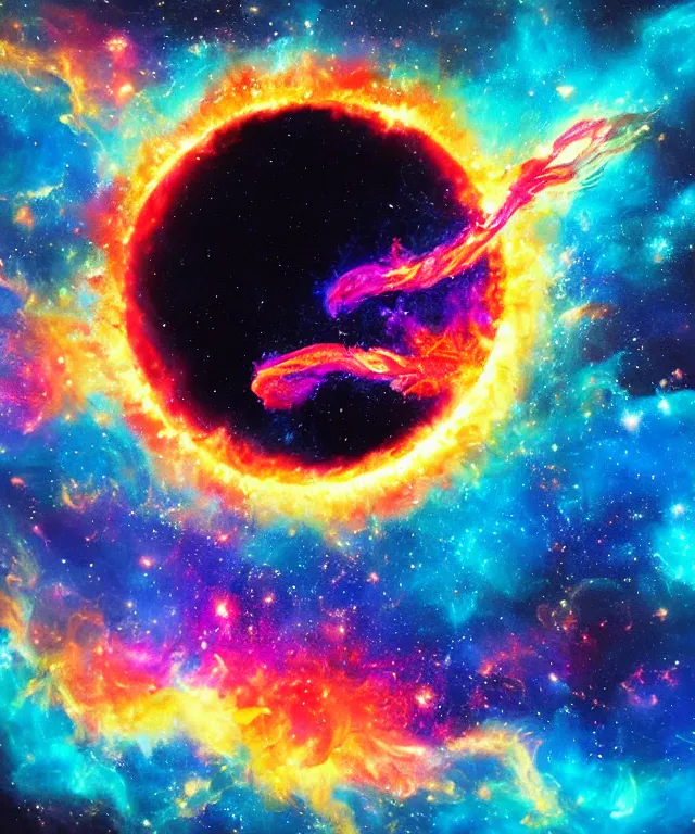 Image similar to blackhole, sun, space, bright colors, painting, perfect composition, phoenix flames, nebula clouds, soft tones