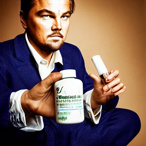 Image similar to detailed studio portrait of leoanrdo dicaprio holding tiny jar of tincture. watching at camera. studio light, polished look, solid background, ad, fashion photography, by pierpaolo ferrari and maurizio cattelan, 3 5 mm photograph, david lachapelle, canon eos c 3 0 0, 8 k