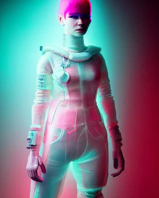 Image similar to full body shot of young punk woman dressed in futuristic cyberpunk clothing, soft neon diffused light, bjork aesthetic, translucent, by rineke dijkstra and artgerm, intricate details, highly detailed, masterpiece, 8 5 mm