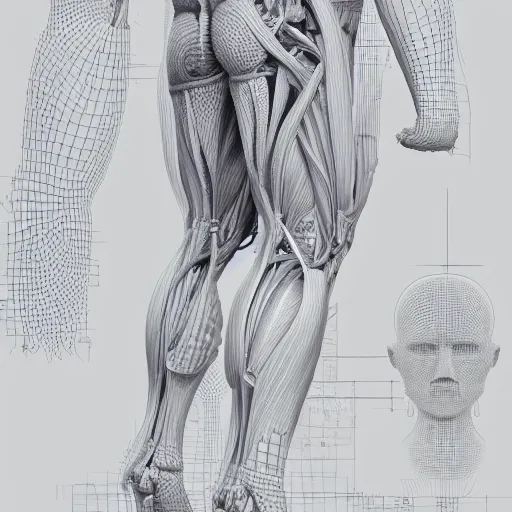 Prompt: A concept of a detailed and intricate design of a full body of human anatomy, 3d design, great finesse organic hyper detailed, engineering blueprints, technical drawings, calculus, stained paper, hyperrealistic, ultra detailed, 4K, octane render, unreal engine