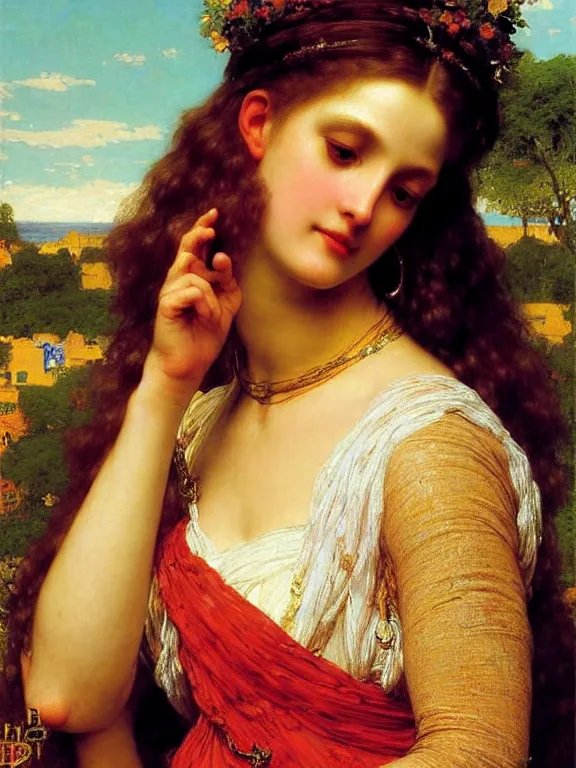 Image similar to Beautiful Goddess. Extremely high detail, details, realistic, masterpiece, colorful. Portrait painting by Eugene de Blaas, art by Frederic Leighton