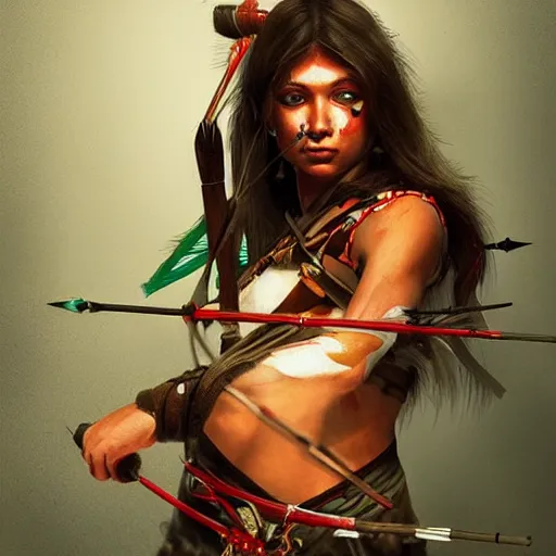 Image similar to tribal archer woman aiming her bow off camera, painting, artstation, epic, intense lighting