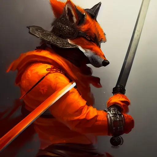 Prompt: commission portrait of a orange wolf dressed as a samurai holding a katana,dramatic,character design by charles bowater,greg rutkowski,ross tran,hyperdetailed,hyperrealistic,4k,deviantart,artstation,professional photography,concept art