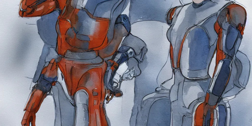 Image similar to woman, full body, wide shot, modern space suit, intriguing helmet, stylized character design, the expanse tv series, large shoulders, short torso, long thin legs, tiny feet, science fiction, hyperdetailed, technical suit, dieselpunk, watercolor digital painting, in the style of bruce timm, by alex maleev