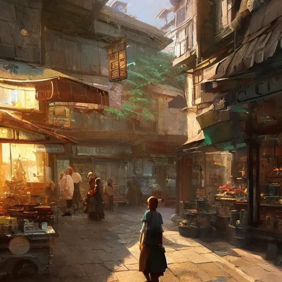 Prompt: coin shop, painting by craig mullins, octane rendering, soft morning lighting, wide angle lens, in the style of hayao miyazaki, trending on artstation,