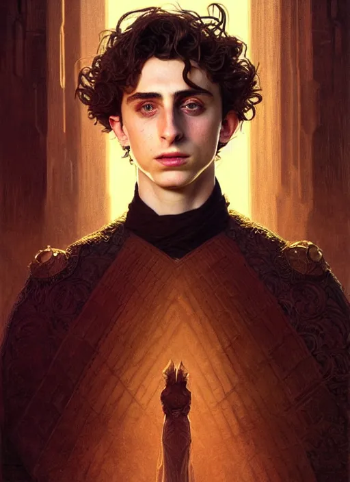 Image similar to portrait of timothee chalamet as a lord, dark cloth, dune, intricate, headshot, highly detailed, digital painting, artstation, concept art, sharp focus, cinematic lighting, illustration, art by artgerm and greg rutkowski, alphonse mucha, cgsociety