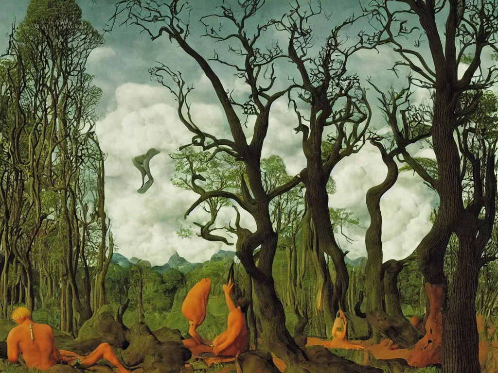 Image similar to albino mystic, with his back turned, looking at a dinosaur over the forest in the distance. Painting by Jan van Eyck, Audubon, Rene Magritte, Agnes Pelton, Max Ernst, Walton Ford