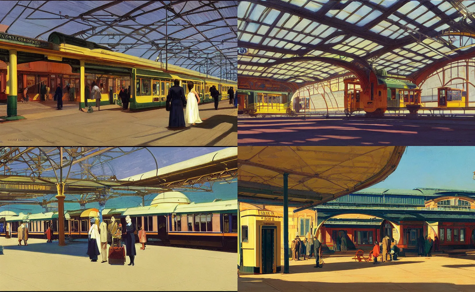 Prompt: a solarpunk Victorian train station, painting by Syd Mead and Edward Hopper