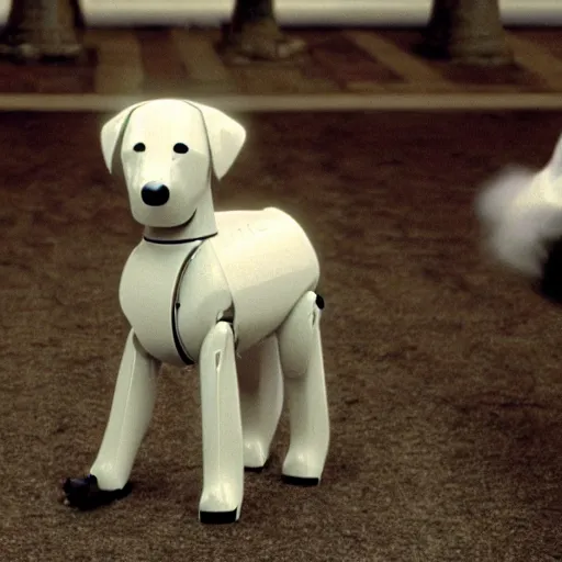 Image similar to movie still of dog robot white swiss shepperd, cinematic composition, cinematic light, criterion collection, by edgar wright