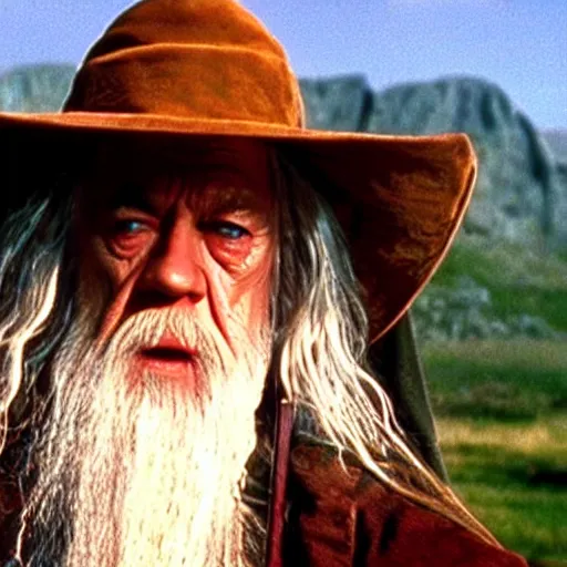 Image similar to Gandalf wearing a cowboy hat. Movie still from lord of the rings the fellowship of the ring