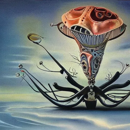 Image similar to painting of an alien spaceship made of flesh and exoskeleton, in the style of salvador dali