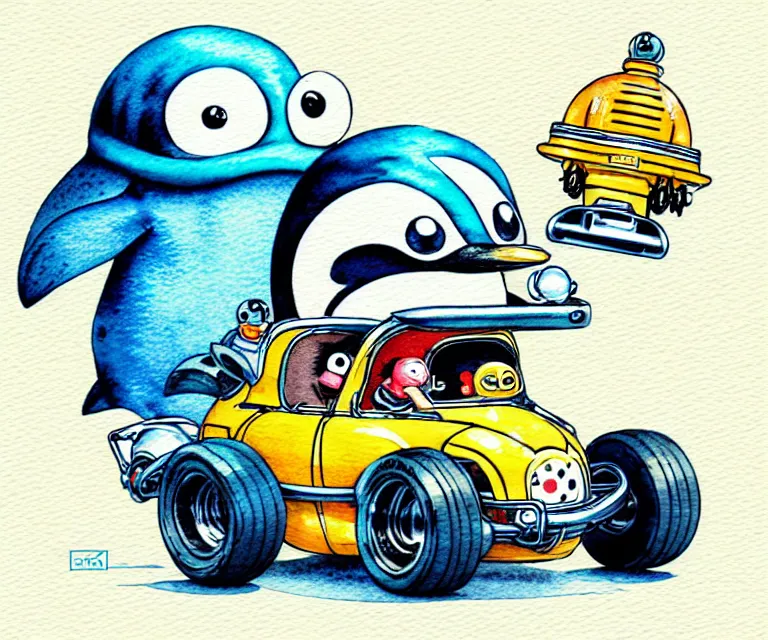 Image similar to cute and funny, penguin wearing a helmet riding in a tiny hot rod with an oversized engine, ratfink style by ed roth, centered award winning watercolor pen illustration, isometric illustration by chihiro iwasaki, edited by range murata, tiny details by artgerm and watercolor girl, symmetrically isometrically centered, sharply focused