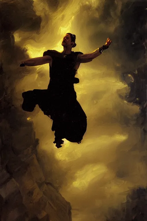 Image similar to beautiful detailed expressive impressionistic oil painting portrait of ancient roman god emperor steve buscemi levitating, ascending into the dark wearing the civic crown, renaissance painting, black background, art by anders zorn, wonderful masterpiece by greg rutkowski, expressive brush strokes, beautiful cinematic light, american romanticism by greg manchess, jessica rossier