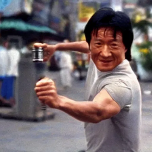 Image similar to a film still of jackie chan getting robbed in rio de janeiro