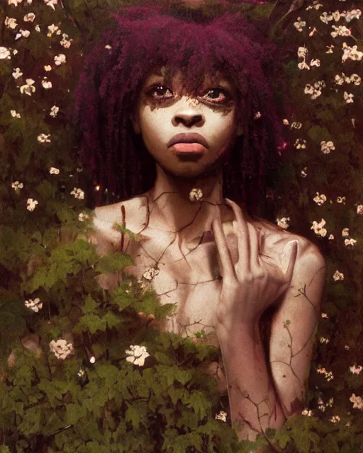 Image similar to a beautiful but creepy young black woman in layers of fear, with haunted eyes, violence in her eyes, wearing a punk outfit, 1 9 7 0 s, seventies, delicate embellishments, a little blood, woodland, moonlight shining on wildflowers, painterly, offset printing technique, by alexandre cabanel