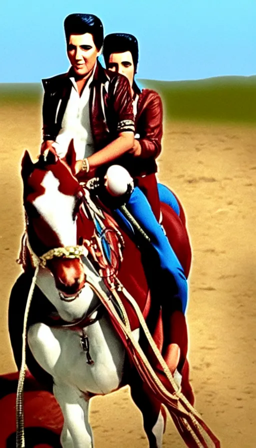 Image similar to elvis on horseback, screenshot from bollywood muscial,, realistic colour palette by