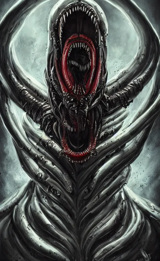 Image similar to ''xenomorph combined with venom, venomized, horror movie, creepy art, hyperrealistic art, digital art, cinematographic, concept art, artstation, 8 k''