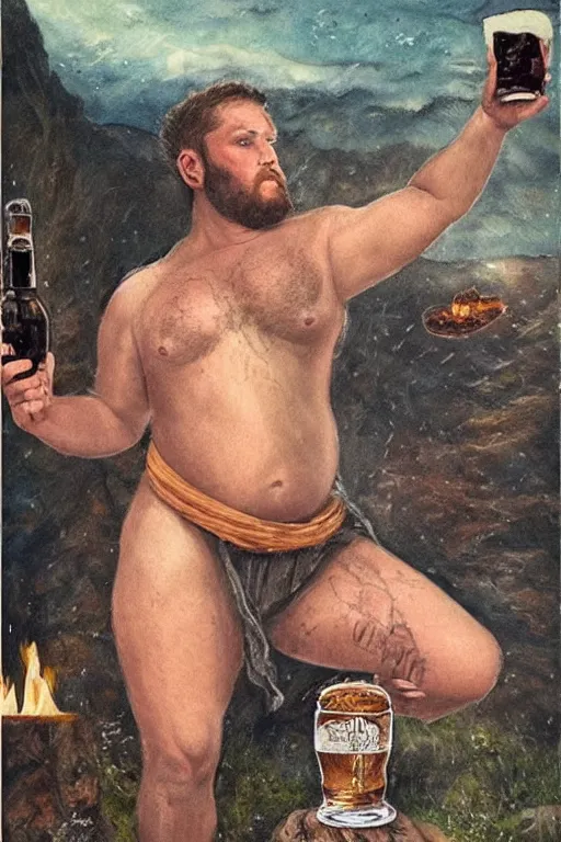 Prompt: a dramatic, epic, ethereal painting of a !!!handsome!!! thicc chunky beefy mischievous shirtless with a big beer belly wearing a large belt and bandana offering a whiskey bottle | he is a !cowboy! relaxing by a campfire | background is a late night with food and jugs of whisky | homoerotic | stars, tarot card, art deco, art nouveau, intricate | by Mark Maggiori (((and Alphonse Mucha))) | trending on artstation