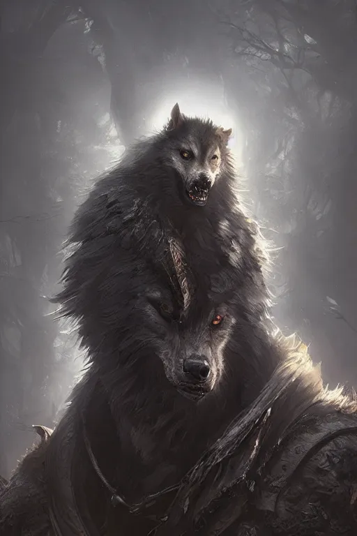 Image similar to A fancy portrait of werewolf by Greg Rutkowski, Sung Choi, Mitchell Mohrhauser, Maciej Kuciara, Johnson Ting, Maxim Verehin, Bloodborne, 8k photorealistic, volumetric lighting, HD, high details, dramatic, dark atmosphere, trending on artstation