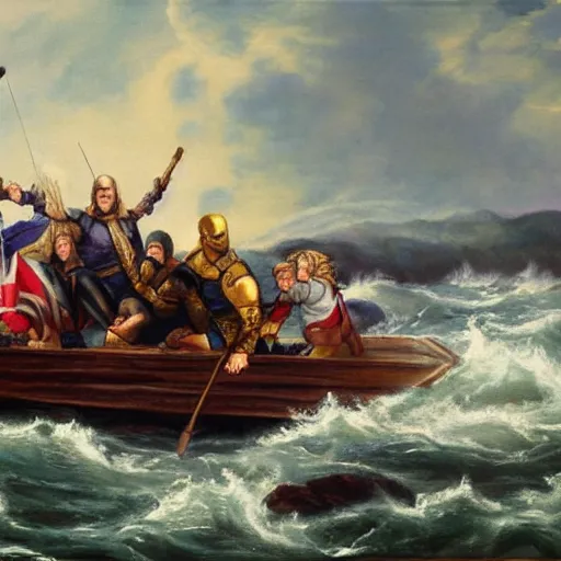 Prompt: painting of thanos crossing the delaware, oil on canvas, highly detailed, faded colors