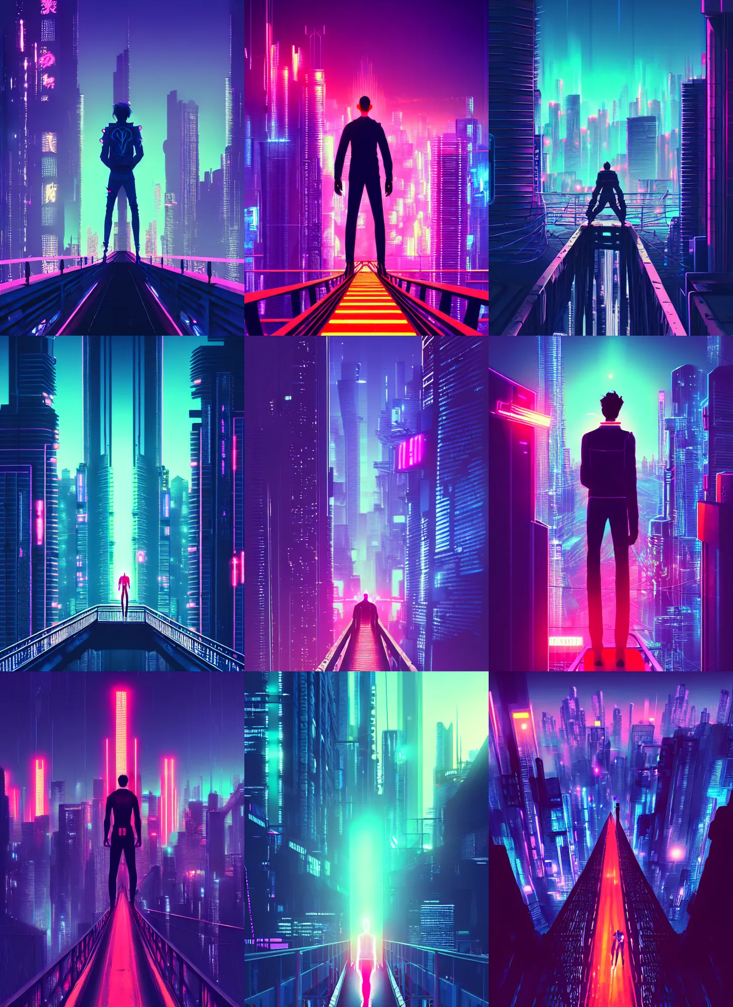 Prompt: a man standing on top of a bridge over a city, cyberpunk art by vincent lefevre, behance contest winner, altermodern, cityscape, synthwave, anime asthetic, neon lights, matte painting, acid pixie
