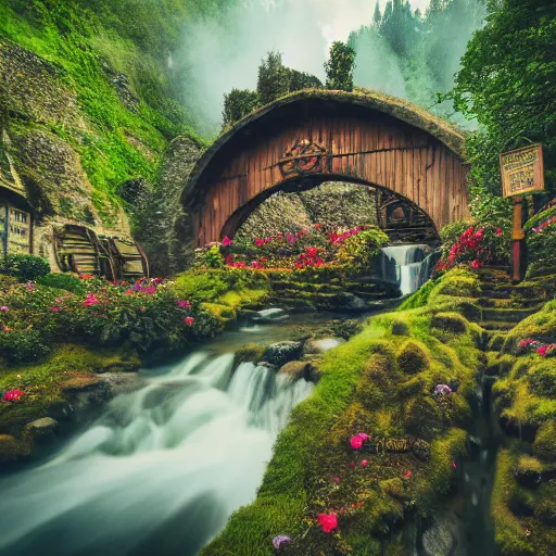 Prompt: festival at medieval hobbit village, ornate, beautiful, atmosphere, vibe, mist, smoke, fire, chimney, rain, wet, pristine, puddles, waterfall, melting, dripping, snow, creek, lush, ice, bridge, stew, loaves, green, stained glass, forest, roses, flowers, color page, 4 k, contest winner