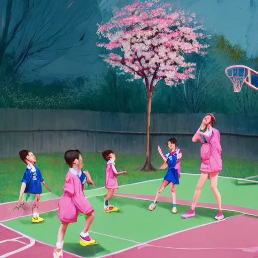 Image similar to tall woman wearing a blue jacket and pink shorts playing basketball against a group of kindergarteners wearing japanese school uniforms, complete detailed body, cherry blossom trees in background, moody atmosphere, digital art, highly detailed, high contrast, beautiful lighting, award winning, trending on art station, photorealistic, 8 k,